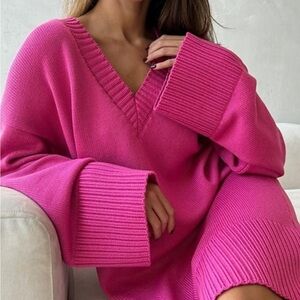 Commense Fuchsia V-Neck Women's Sweater dress